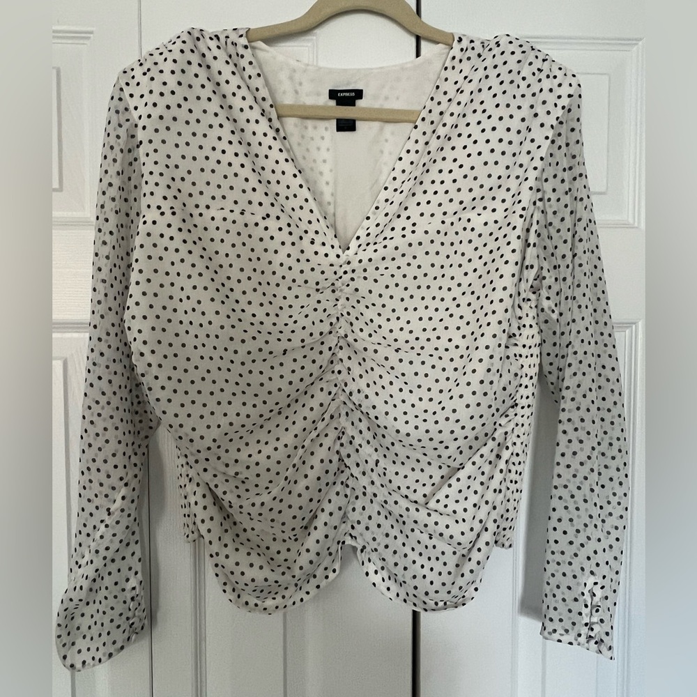 Express Polka Dot V-neck Long Sleevee Rouched Front Top, Size XL, white/black